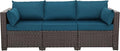 WAROOM Patio Couch PE Rattan 3-Seat Outdoor Sofa Brown Wicker Furniture Set Deep Seating with Anti-Slip Peacock Blue Cushion