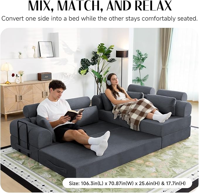106" L-Shaped Modular Boneless Couch, 2-Piece System (2×70.87"), Convertible Sectional to 141.7" Straight Sofa, Corduroy Couch in a Box, Headrest & Back Pillows for Living Room, Dark Blue