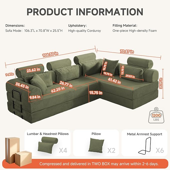 106" L-Shaped Boneless Sectional Couch, 2-Piece 70.87" Modules, Converts to 141.7" Extra-Long Straight Sofa, Corduroy Couch in a Box with Headrest & Back Pillows for Living Room, Light Green
