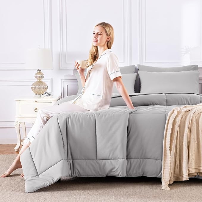 CozyLux Full Size Comforter Set French Grey, 7 Pieces Bed in a Bag, Gray Comforter Full Size, All Season Bedding Sets with Stitch Quilted Comforter, Flat Sheet, Fitted Sheet, Pillowcases