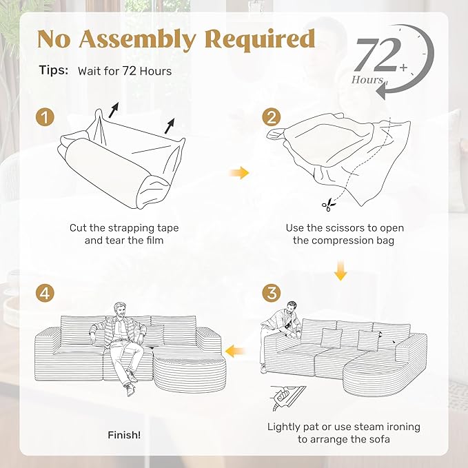 110" Modular Sectional Sofa Couches, Cloud Couches for Living Room, Boneless Sofa with Deep Seat,L-Shape Couch with Chaise,No Assembly Required,Grey,1 PCS