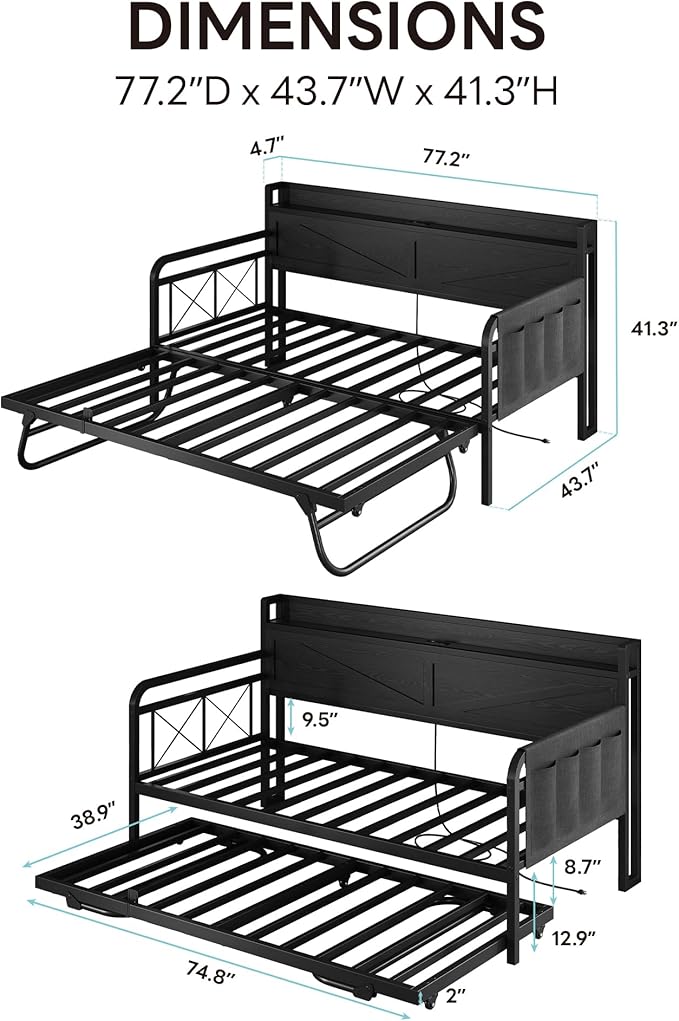 LIKIMIO Twin Daybed, Day Beds with Pop Up Trundle, Storage Headboard with Charging Station, Strong Supports for Apartment and Other Small Space, Black