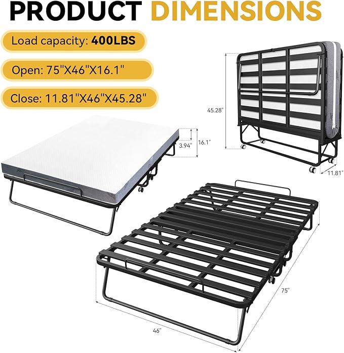 75" x 46" Folding Bed with Mattress for Adults, 5 Inch Memory Foam Mattress, Portable Foldable Rollaway Guest with Strong Metal & Wood Frame, Side Pocket