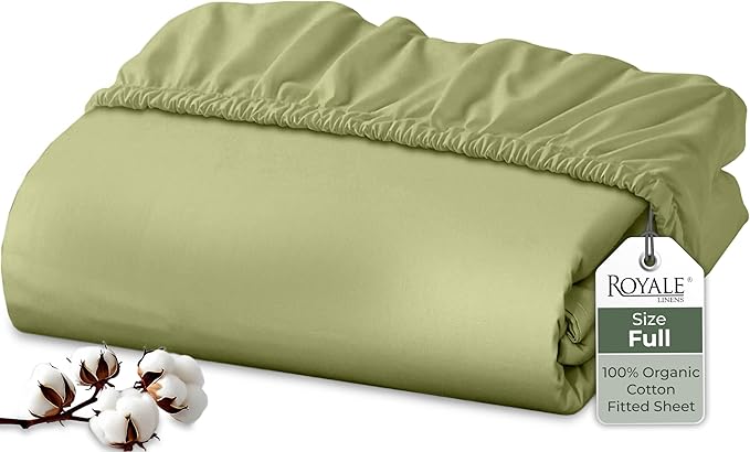 Royale Linens 100% Organic Cotton Fitted Sheet - Percale Weave - Super Soft Deep Pocket Bottom Sheets - Sage Green Elastic Sheet Full Size - Full Fitted Sheets Only - (54"x75"+15", Sage Green)