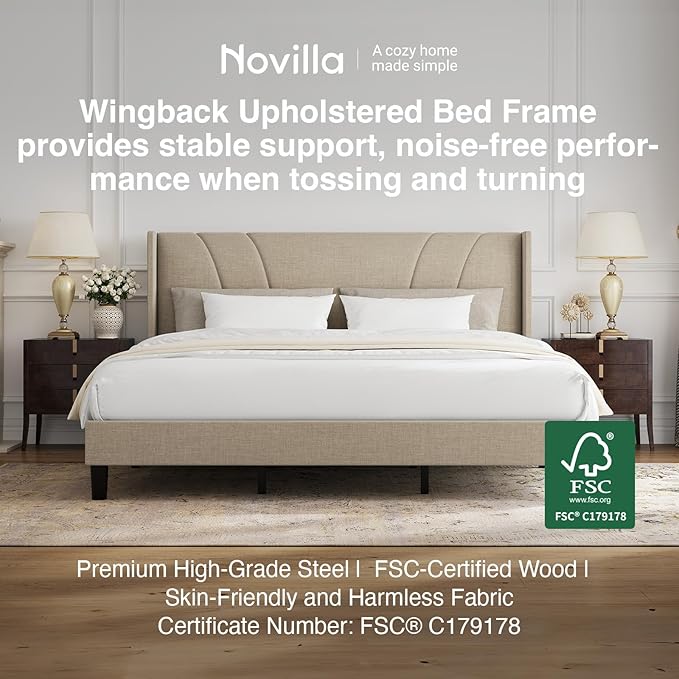 Novilla King Bed Frame, King Bed Frame with Headboard, Linen Upholstered Wing Side Headboard, No Box Spring Needed, Heavy Duty Feet, Easy Assembly, Beige