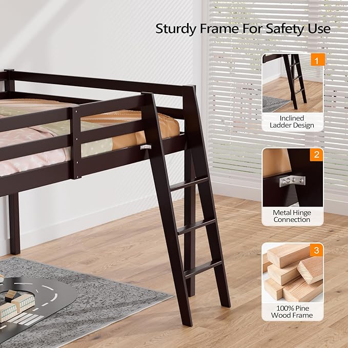 VINGLI Junior Low Loft Bed with Inclined Stairs, Wood Loft Bed Full Size for Adults, Kids and Young Teens, No Box Spring Required,Wood Slat Support, Espresso