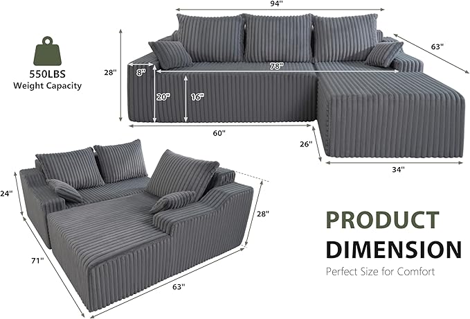 HABUTWAY 94'' Cloud Sectional Couch, Boneless Sofa with Deep Seat, Modular Comfy L-Shape Couch with Chaise for Living Room Bedroom, No Assembly Required(Grey,Right Facing Chaise)