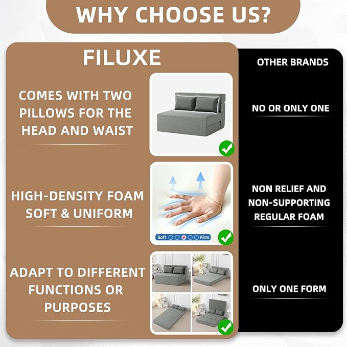 FILUXE Folding Sofa Bed | Convertible Sleeper Chair Bed for Adults, Fold Out Chair to Bed Linen Futon Chair with Pillow, for Home Dorm Apartment RV Living Room, Standard Size, Light Gray