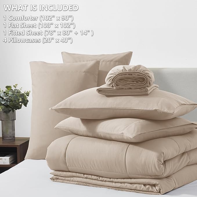 CozyLux King Size Comforter Set Wheat, 7 Pieces Bed in a Bag, Wheat Comforter King Size, All Season Bedding Sets with Stitch Quilted Comforter, Flat Sheet, Fitted Sheet, Pillowcases