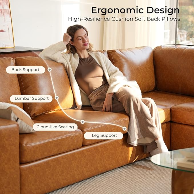 ELUCHANG 113" V-Shaped Modular Sectional Sofa Couch, Modern 5-Seat Premium Faux Leather Deep Seat Sofa with Corner, Removable Cover, Easy Assembly, Large Sofas & Couches for Living Room, Office, Brown | Spring Cushions, Easy to Clean