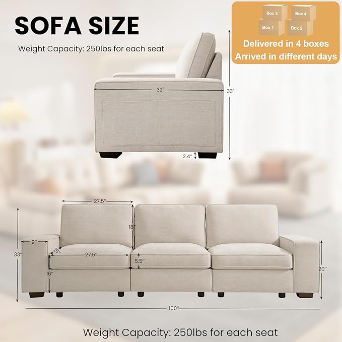 TEKAMON 100" Modular Sofa with Seats Storage, Comfy 3-Seater Chenille Fabric Couch for Living Room, Office, Apart W/Deep Seat, Wide Arms, Side Pockets, USB, Removable Covers, Upholstered Couch/Beige