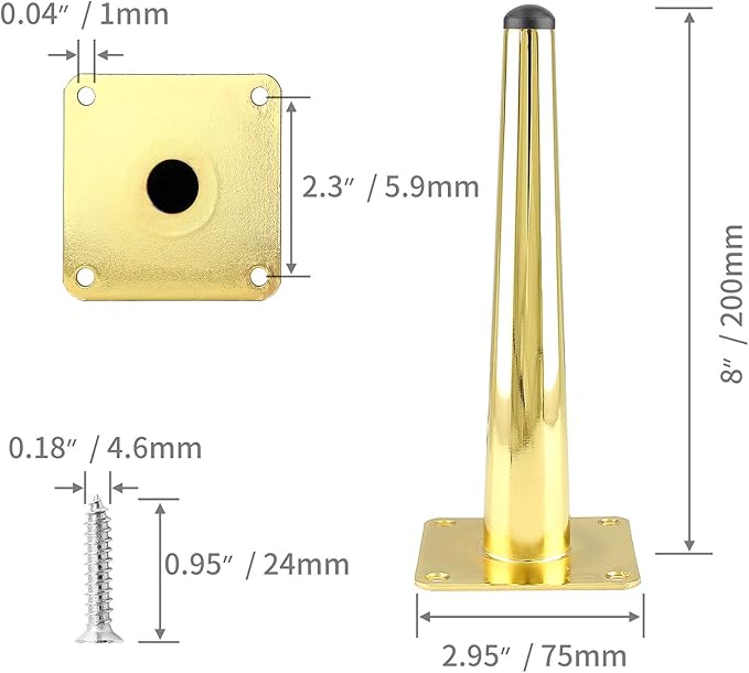 4pcs 8 Inch Furniture Legs, Straight Conical Metal Legs Luxury Gold Mid-Century Style Furniture Feet for Sofa Cabinet Table Chair Cupboard Couch Ottoman Home DIY Projects