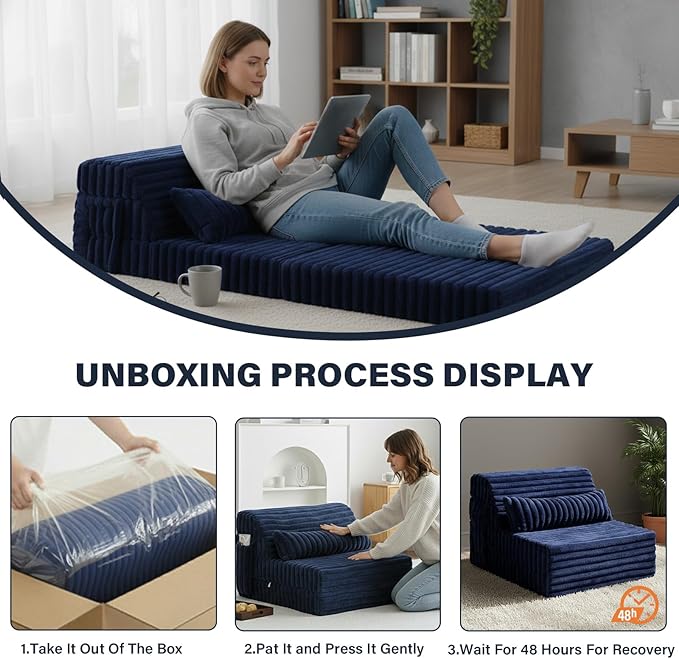 Tiita Folding Sofa Bed Single Size, Convertible Sleeper Chair Mattress with Pillow, Thick Corduroy Floor Mattress Couch Bed with Side Pocket, Guest Room, Dorm, Apartment, Navy