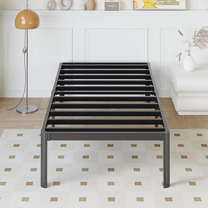 Yicensen 14 Inch Twin Bed Frames Rounded Corner Legs Heavy Duty Platform Twin Metal Bed Frame for Kids, Easy Assembly, Noise Free, No Box Spring Needed, Black.