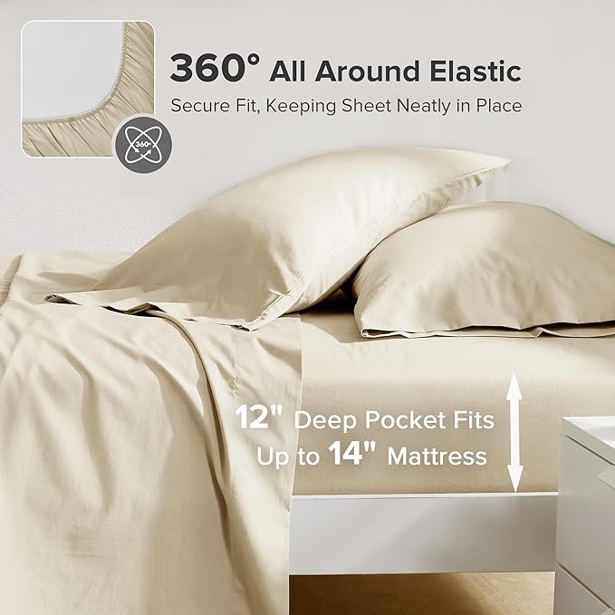 Comfort Spaces 100% Cotton Sheets Twin XL, Breathable & Ultra Soft Cotton Sheets, Naturally Cool Cotton Bed Sheets with 12" Elastic Pocket Fits up to 14" Mattress, All Seasons Sheet Set, Cream 3 Piece