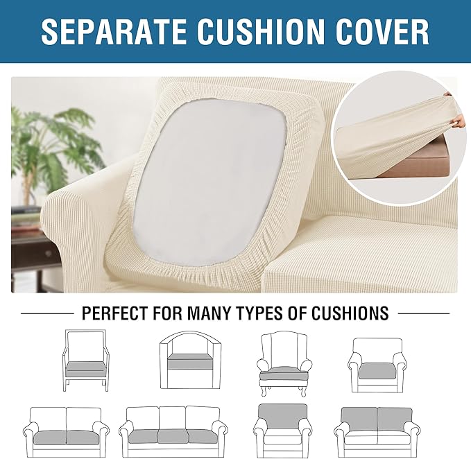 H.VERSAILTEX 4 Piece Stretch Sofa Covers for 3 Cushion Couch Furniture Slipcovers for Living Room (1 Base Cover Plus 3 Seat Cushion Covers) Jacquard Fabric Cover (XL Sofa, Cream)