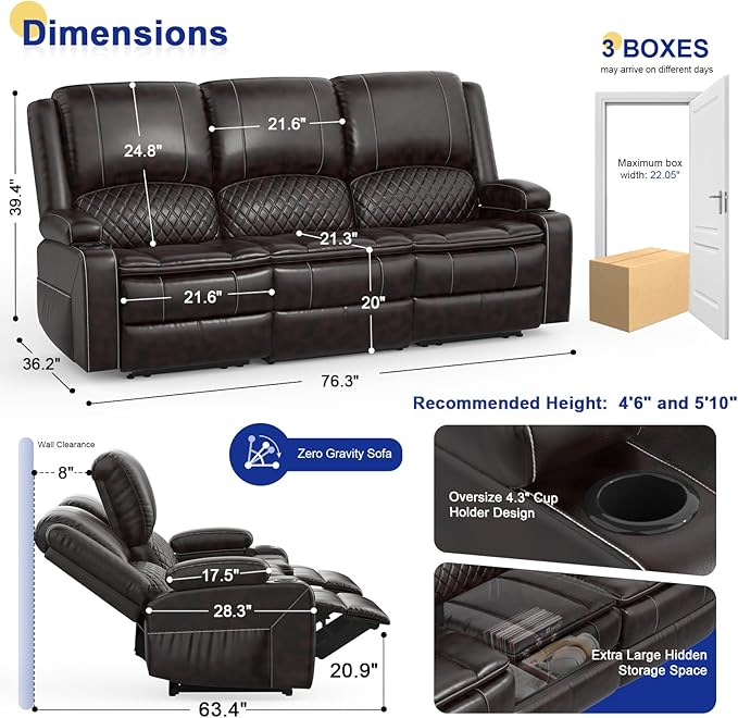 2026 Upgraded Recliner Sofa 3 Seater Couch with Recliner, Home Theater Seating with Liftable Console & Removable Armrest, Manual PU Leather Sofa Reclining with Storage & USB Ports (PU,Brown)
