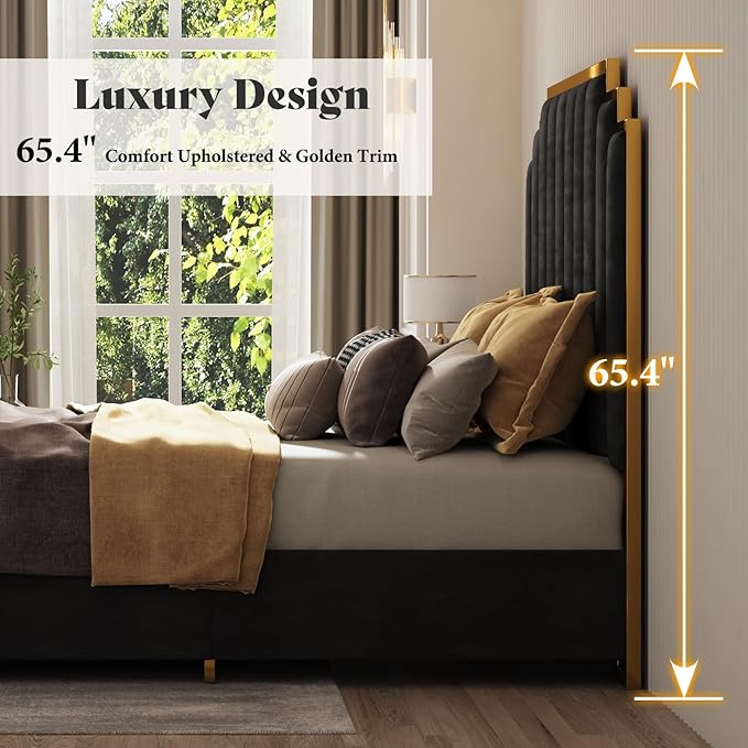 AMERLIFE California King Size Upholstered Bed, Modern Velvet Bed Frame with 65.4” Tall Gold Trim Headboard, No Box Spring Needed, Black