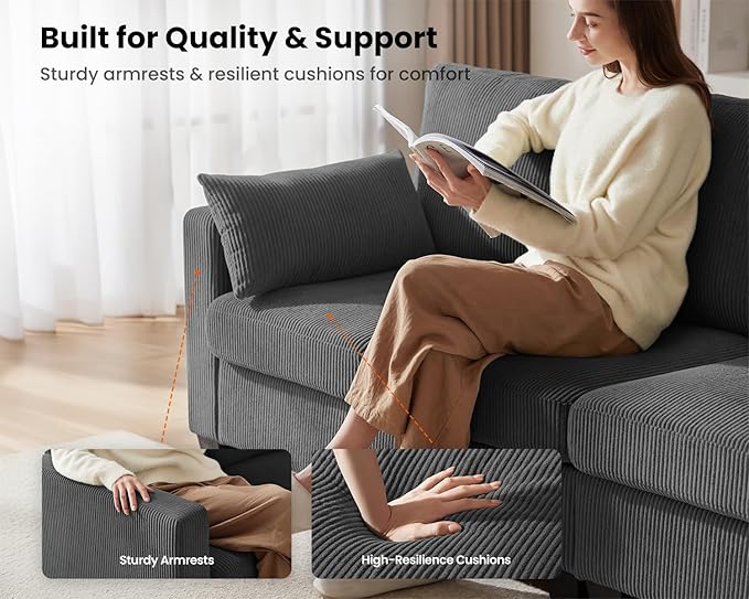 CHIC HOUSE Modular Corner Sectional Sofa with Storage, Corduroy L-Shaped Couch, Compact Small Space Furniture for Living Room & Apartment (Dark Grey, 5 Seater L-Shaped)