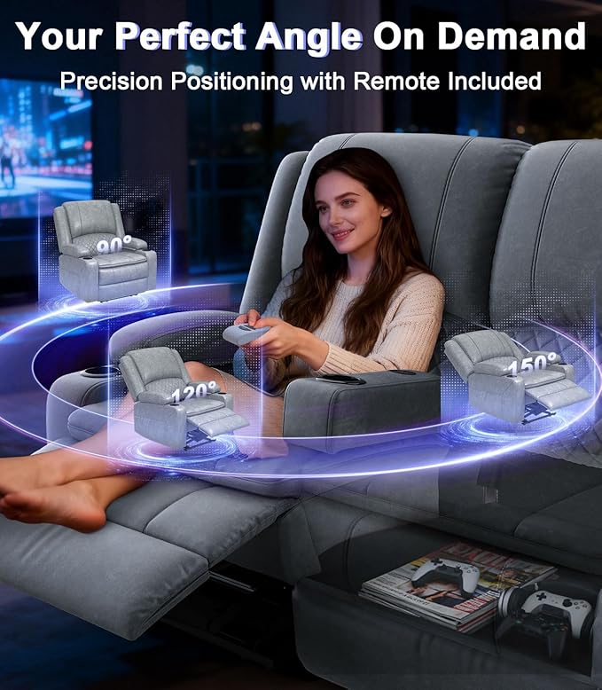 Power Loveseat Recliner Sofa, Removable Armrest 3 Seats Power Reclining Loveseat with Remote Liftable Console, Wall Hugger RV Theater Seating with Storage & USB & RGB (PU, Grey)