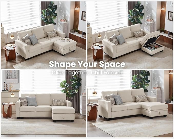 CHIC HOUSE Modular Sectional Sofa with Storage Ottomans, Corduroy Cloud Couch for Small Spaces & Apartments, Reconfigurable L/U Shaped Convertible Corner Sofa, Beige, 4 Seater Sectional