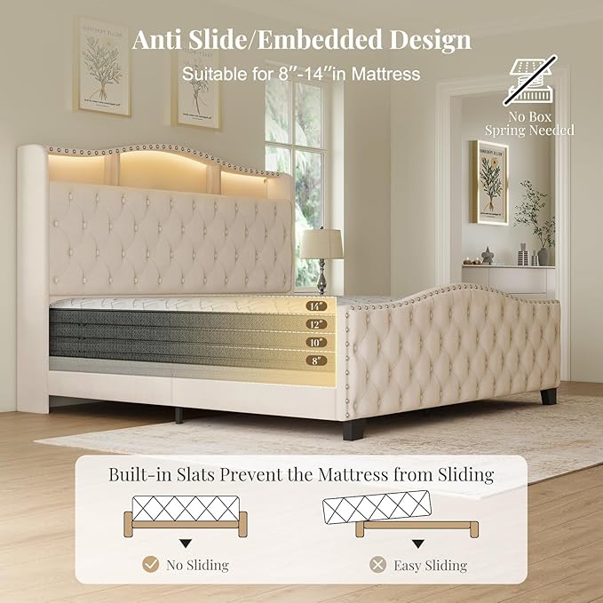 Belffin King Size Bed Frame and Headboard, 50.9" Velvet Upholstered Wingback Bedframe with LED Lights & Storage/Charging Station, Button Tufted Tall Footboard, No Box Spring Needed, Noise-Free, Beige