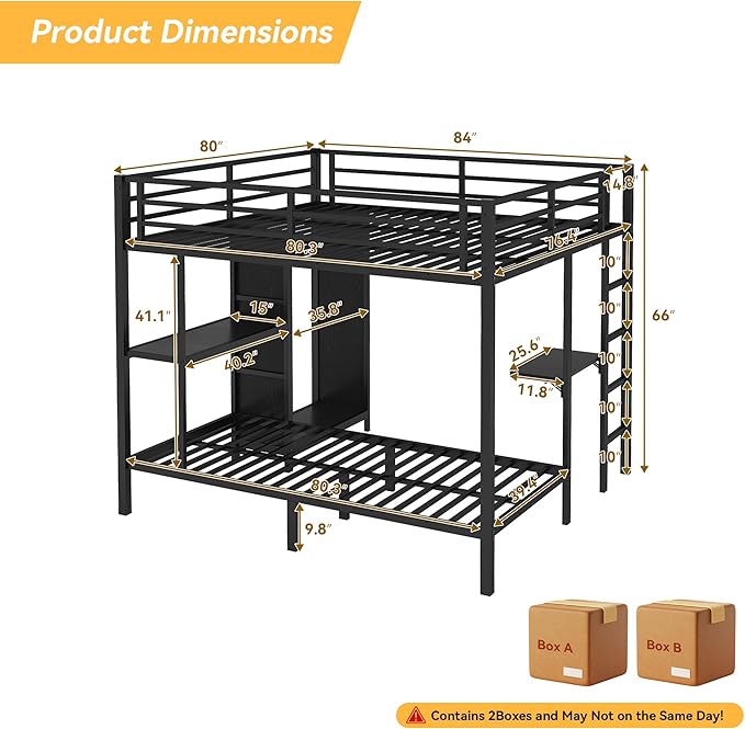 Bunk Bed Frame with Built-in Wardrobe King Over Twin XL Size, Metal Loft Bed with Foldable Desk and Storage Shelf, Black Bunk Beds King Size for Adults Teen Kids, No Box Spring Needed