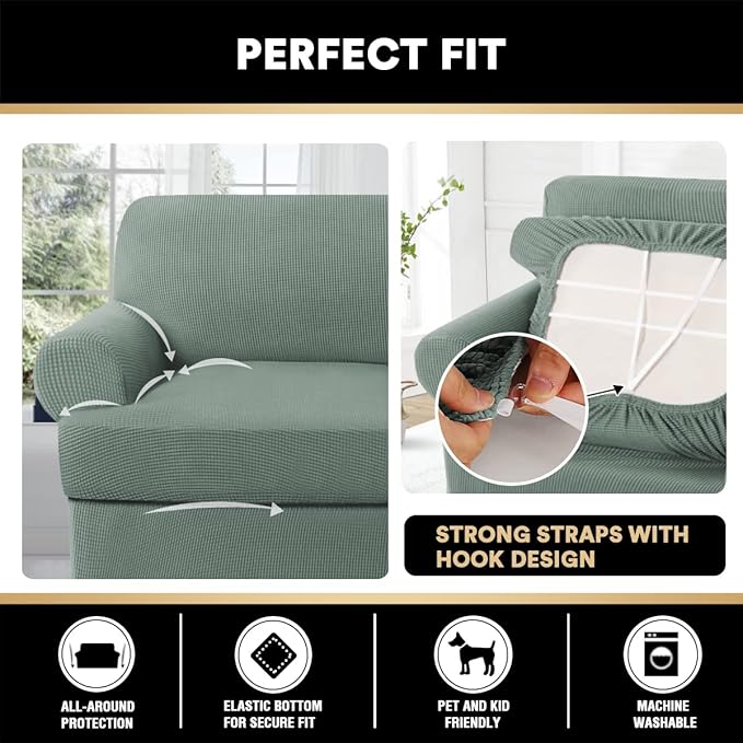 PrinceDeco 2 Pieces Armchair Slipcover Stretch Couch Covers for T Cushion Chair Slipcovers Soft Arm Chiar Cover Furniture Covers with 1 Individual T Shape Seat Covers Width Up to 40", Sage