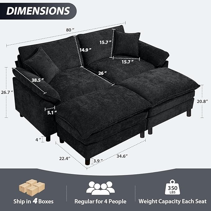 Oversized Modular Sectional Sofa, 80 Inch U Shaped Cloud Couch Set, 2-Seat Comfy Convertible Sofa with 2 Movable Ottoman, DIY Combination Sleeper Couch for Living Room(Chenille, Black)