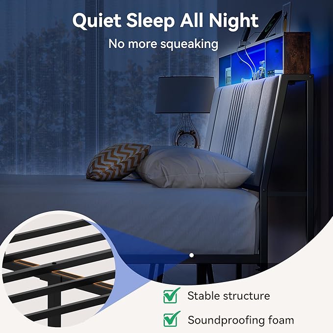 BedsPick Twin Bed Frame with Headboard, Metal Platform Bed Twin Size with 2-Tier Storage and Ergonomic Velvet Headboard, Charging Station, Smart LED Lights, Easy Assembly, No Box Spring Needed