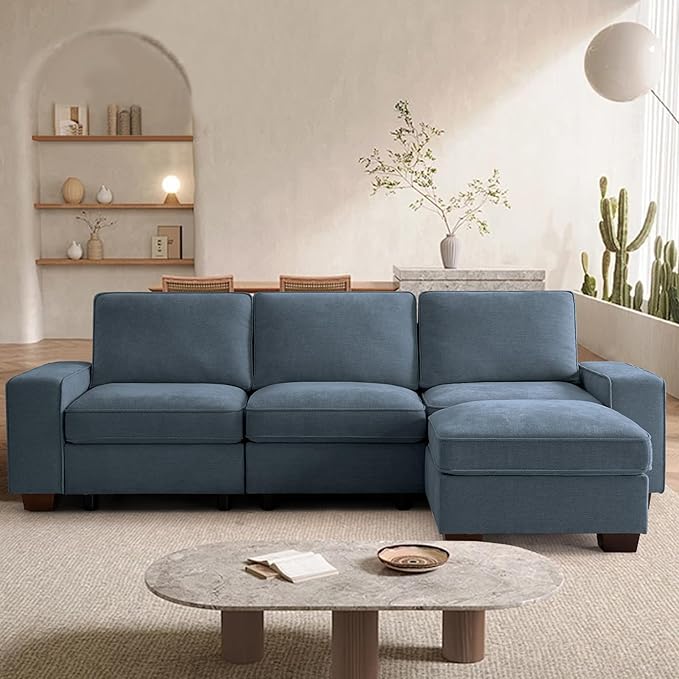 TEKAMON 100" Modular Sectional Sofa with Seats Storage, L Shaped Couch with Movable Ottoman for Living Room, Couch with Chaise, Solid Wood Frame, Spring Cushions, USB Port, Removable Covers, Blue
