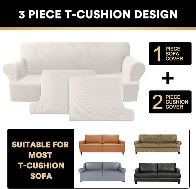 PrinceDeco T Cushion Loveseat Slipcover 3 Pieces Sofa Covers for T Cushion Sofa Stretch Slip Covers for 2 Cushion Couch with 2 Individual T Shape Seat Covers Width Up to 76"- Washable, Ivory