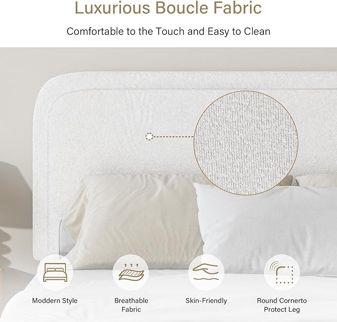 BarnFurin Full Size Bed Frame,Cloud Boucle Upholstered Platform Bed Frame with Headboard, Soft Rounded Corners, No Box Spring Required, Non-Slip and Noise-Free, Easy Assembly, White