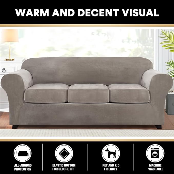 PrinceDeco Velvet Couch Covers for Sofa Soft 4 Pieces Couch Covers for 3 Cushion Couch Sofa Pet Friendly Furniture Protector with Non Slip Elastic Bottom Width Up to 90 Inch(Large, Taupe)