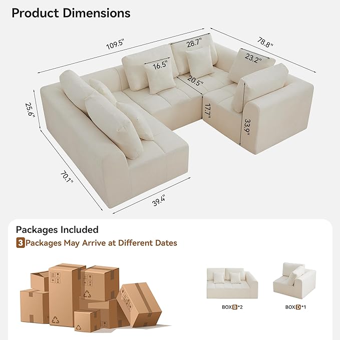 110''Modular Sectional Couches for Living Room, Cloud Boneless Compressed Sectional Sofa, Oversized U Shaped 5 Seater Upholstered Memory Foam Sofa, No Assembly, Chenille Beige