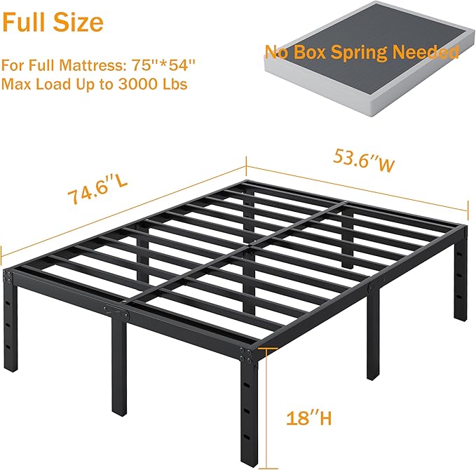 SHLAND Full Size Bed Frame, 18 Inch Heavy Duty Metal Platform Bed Frame, No Box Spring Needed, Mattress Foundation, Storage Space, No Noise, Easy Assembly