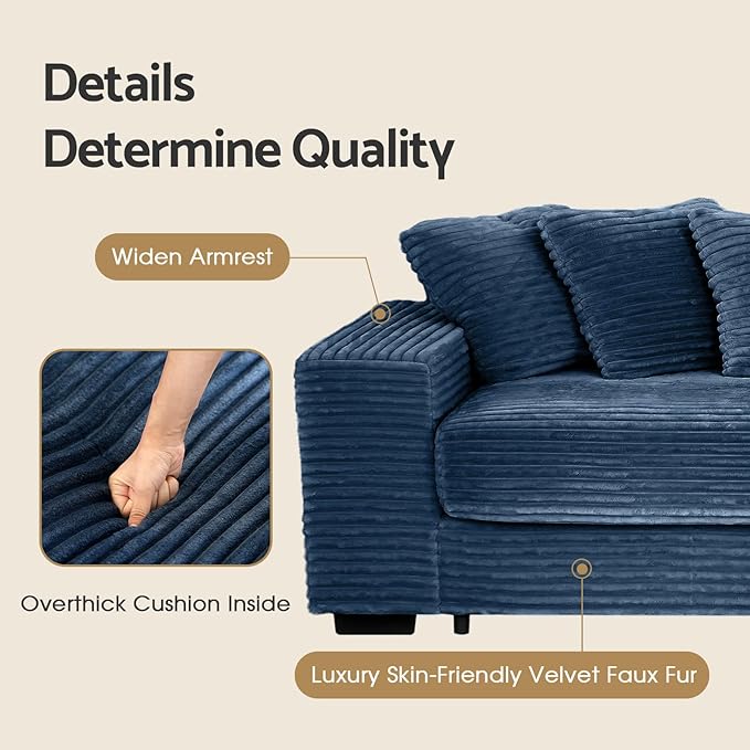 smilesun Luxe Oversized L Shaped Sofa with Chaise，Comfy Faux Fur Plush L Shaped Sectional Couches with 8 Pillows，Soft Fluffy Upholstered Sofa Bed for Living Room Apartment Bedroom (Navy Blue)