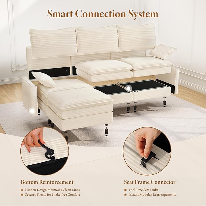 Vesgantti 101" V-Shaped Corner Couch Sectional, 7 Seat Customizable Modular Cloud Couches with Movable Ottoman, Corduroy Deep Seat Sofa Set with Chaise for Living Room, Bedroom and Apartment, Beige