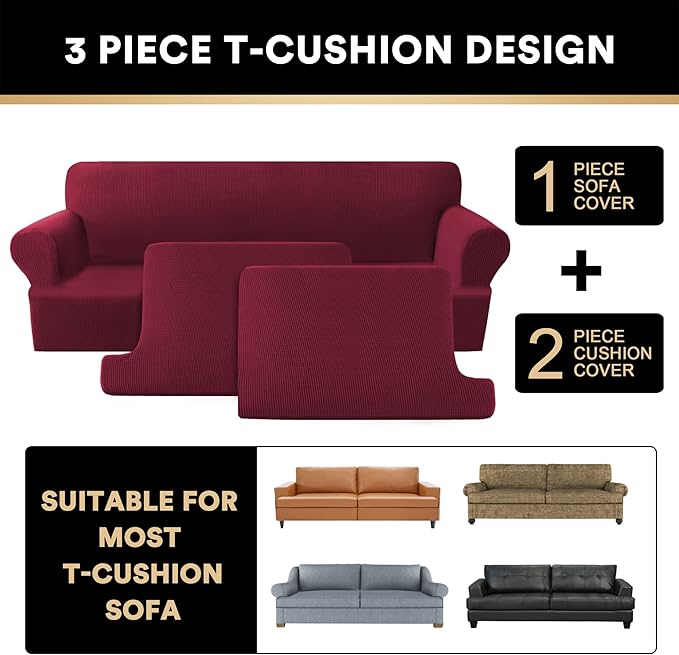 PrinceDeco T Cushion Sofa Slipcover 3 Pieces Sofa Covers for T Cushion Couch Soft Couch Covers Sofa Slip Cover Furniture Covers with 2 Individual T Shape Seat Covers Width Up to 88", Burgundy