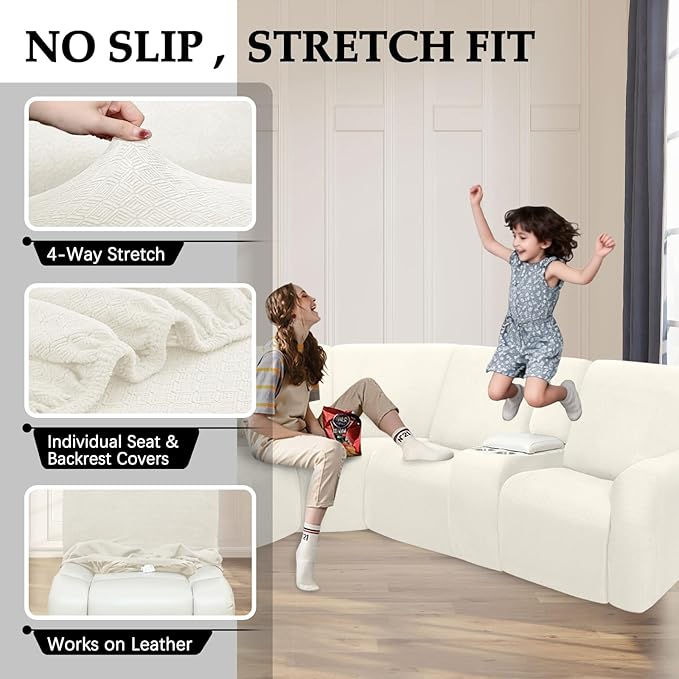 Waterproof Reclining Sectional Couch Covers Washable L Shaped Couch Cover for Sectionals Recliner Sofa Covers Stretch Corner Recliner Slipcovers for Dogs (5 Seater 2 Console Cover, Cream)