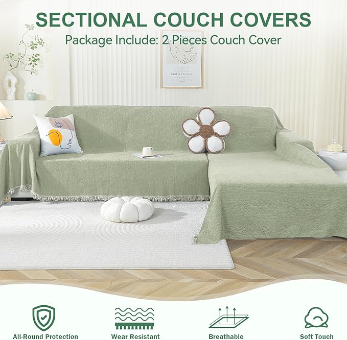 OstepDecor Sectional Couch Covers 2 Pieces, L Shaped Sofa Cover, Chenille Couch Cover for Dogs Washable, Couch Cover Blanket, Sofa Slipcover for 2-3 Cushion Couch (71"x102"+71"x118", Sage Green)