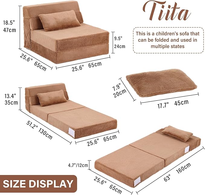 Tiita Convertible Folding Kids Sofa Bed with Pillow & Storage Bag, Plush Fabric Floor Mattress Couch Bed, Washable Cover, Kids Room, Playroom, Dorm, Apartment, Brown