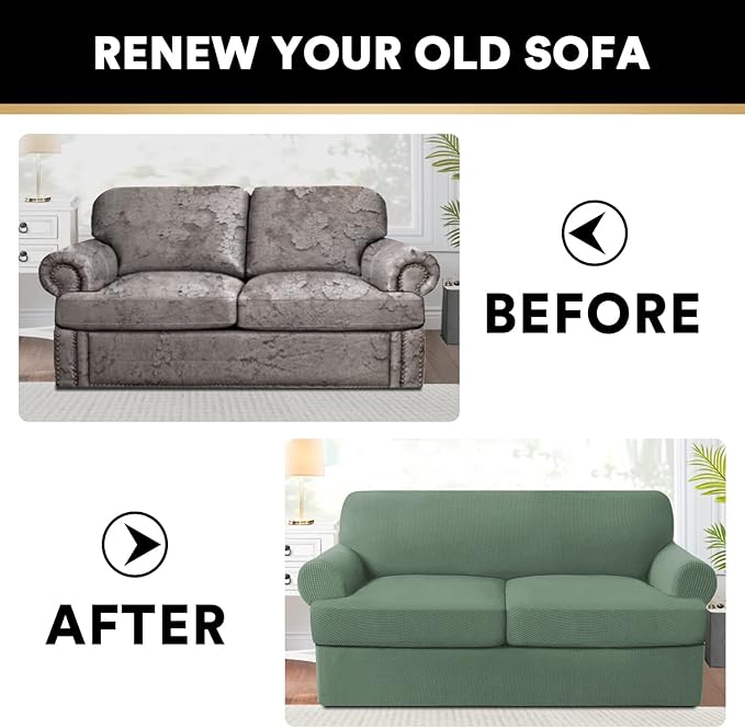 PrinceDeco T Cushion Loveseat Slipcover 3 Pieces Sofa Covers for T Cushion Sofa Stretch Slip Covers for 2 Cushion Couch with 2 Individual T Shape Seat Covers Width Up to 76", Loden Frost