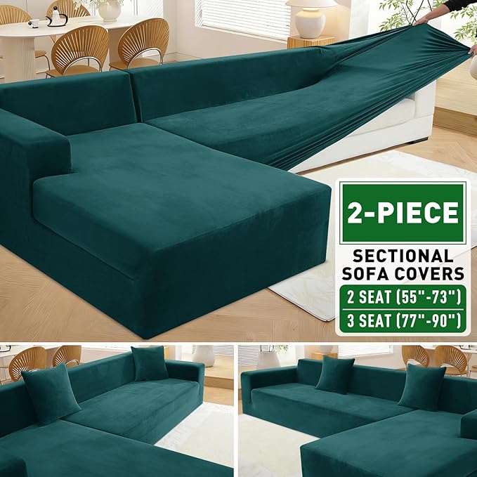 ZNSAYOTX 2026 Soft Velvet Sectional Couch Covers, Luxury Plush Slipcovers with Elastic Bottom for L Shape Sectional Sofa, 2 Pcs Pet Friendly Protector (3 Seat Couch + 2 Seat Chaise, Deep Teal)