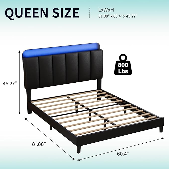 BarnFurin Queen Bed Frame with LED Lights, Upholstered Bed Frame Queen Size with Storage Headboard, Modern Platform Design Noise-Free, No Box Spring Needed, Easy Assembly, Black