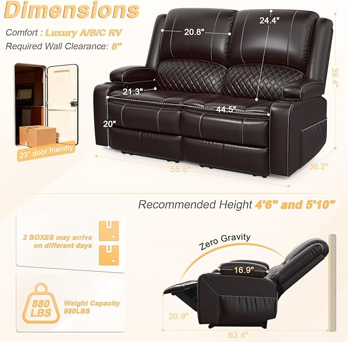 RV Loveseat Recliner Wall Hugger, Manual RV Reclining Loveseat with Removable Armrest, 3X Adjustable Theater Wall Hugger Loveseat Recliners with USB Ports, Cup Holders, Multi-Storage (PU,Brown)
