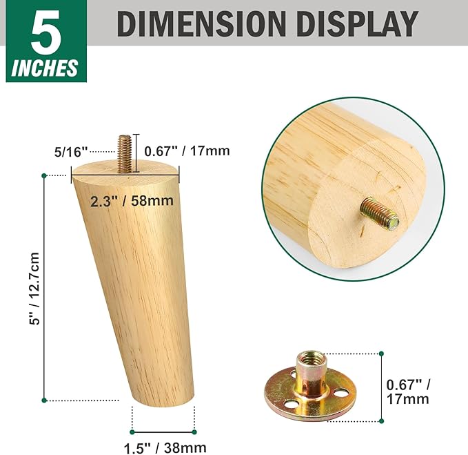 FoDau770 Rubber Wood Furniture Legs 5 Inches, Slant Tapered Wood Feet Mid Century Sofa Legs Set of 4, 5/16" UNC Furniture Feet Replacement Parts for Cabinet Couch Dresser Chair Ottoman Table