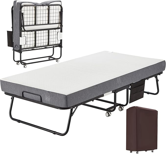 MELLCOM 75"x 38" Folding Bed with Mattress, Twin Size Portable Rollaway Guest Bed for Adults with 5 Inch Foam Mattress,Space-Saving Foldable Beds with Metal Frame&Bed Side Pocket