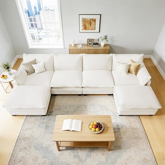 Modular Sectional U Shaped Sofa Couches for Living Room, Cloud Couch with Movable Ottoman, Comfy Chenille Sofa with Pillow for Bedroom and Apartment,Beige