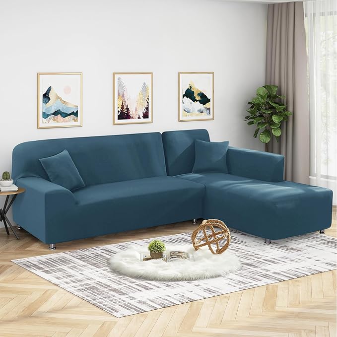 KinCam Sectional Couch Covers L Shape Sofa Covers Super Stretch 2pcs Sofa Slipcovers for 3 + 3 Seaters Sectional Chaise Slipcover with 2pcs Pillow Covers for Pets Kids, Peacock Blue